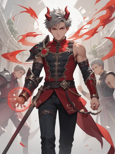 Boy, grey hair,  short hair, Red Eyes, grey hair,  black red clothes , arm protection , shoulder protection, Masts of a demon, magic, mouth, anime, 