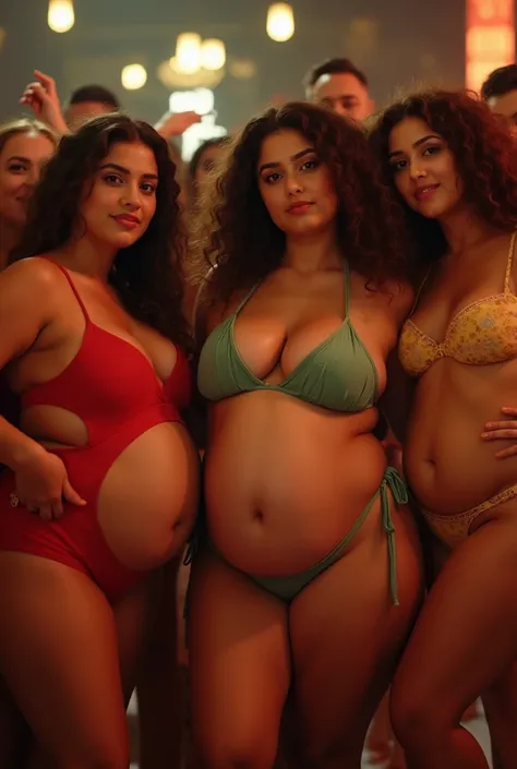 A group of extremely obese Arab women in one piece swimsuits dancing together. They are all 19 years old and extremely beautiful. They are all drinking alcohol and partying together and their bellies are all showing. Their fat is concentrated in their stom...