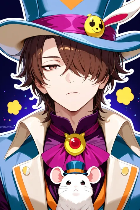 brown hair emotionless man, mad hatter's vibe, wearing a top hat and have a pet mouse