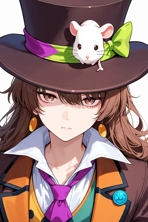 brown hair emotionless man, mad hatter's vibe, wearing a top hat and have a pet mouse