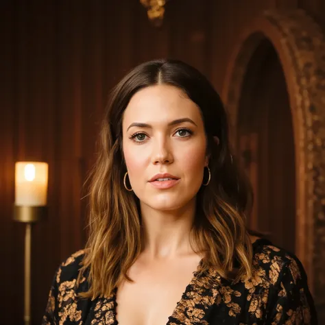 best quality, highres, 8k, masterpiece, photography, detailed midbody photorealistic portrait. Mandy Moore stands in an opulent bedroom with dark wood panels and golden accents, bathed in flickering candlelight. She wears a black and gold lace bodysuit wit...