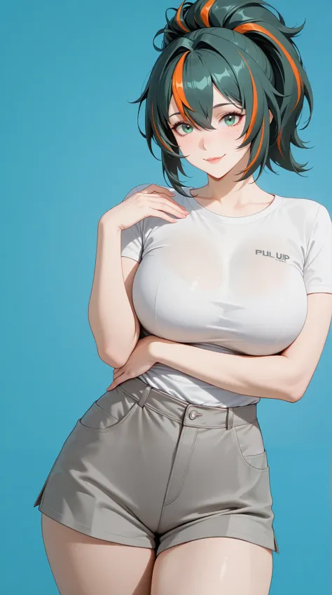 masterpiece, extremely detailed,realisric skin texture,4k,solo,1girl,adult ,((fullbody)),zhu yuan,ponytail streaked hair,happy,slim body, sexy legs,perfect body,large breasts,housewife,grey short pants, oversize white tshirt,soft light, high detailed, best...