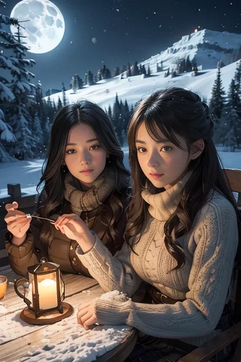 Two girls, wearing winter clothes, having tea party at a wooden table, outdoors, on a beautiful moonlit night, covered with snow. Looking at a landscape of snowy mountains and forests. Moon is visible, very bright only by the moonlight, very detailed. Real...