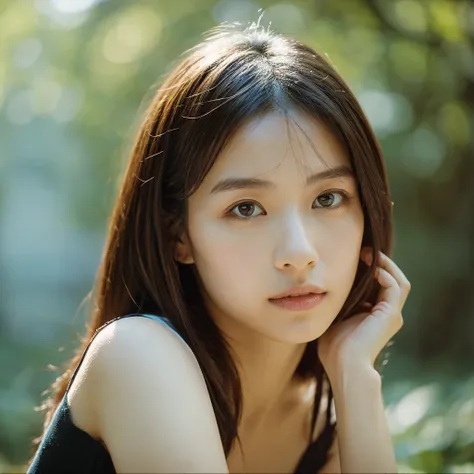 A hyper-realistic image of a single Japanese woman in her early 20s, captured with the nostalgic warmth and subtle graininess of a film camera. Her skin has a warm beige tone with a natural, slightly rough texture that includes visible pores, fine lines, a...