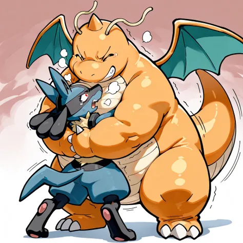  4K super high image quality ,  4K full body view , highest quality,  large dragonite  , Buisel ,   wrestling , Bear Hug, Chalk_hold,(  Dragonite is huge and bulky fat, Very big body, Open your eyes,  Malicious Laugh ,   carrying person , hold up,  arched ...