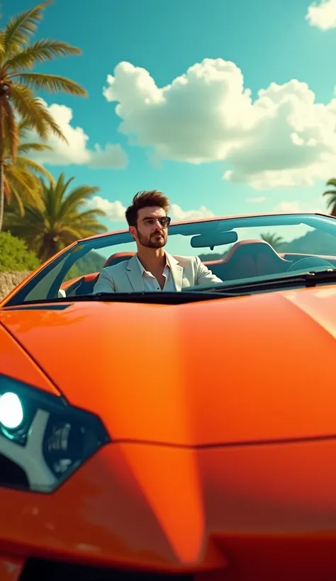 A young millionaire in a Lamborghini car in the middle of a sunny day with detailed colors.