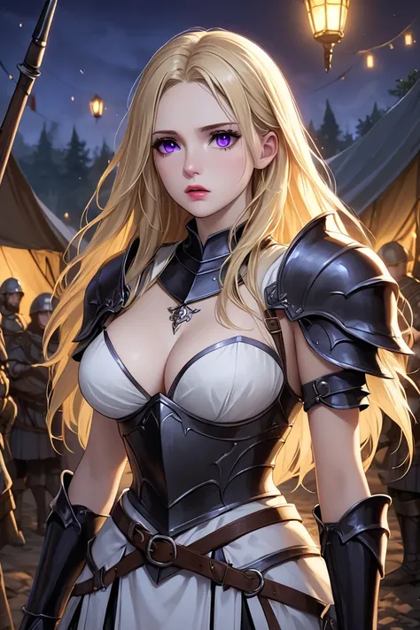 (masterpiece, best quality, 8k, high definition), whole body, 1 woman, white skin, long blonde hair, mid-chest, violet eyes, soft lips, beautiful face, natural light, detailed background, detailed illustration art, wearing sensible white/black fantasy armo...