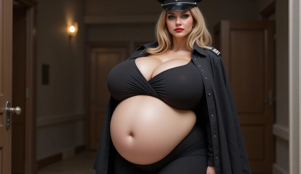  Height, The expression of the only pregnant woman, a senior Gestapo officer ,  senior officer's military hat ,  black cloaks,  upright immobile(Full of dignity), Gestapo mature pregnant woman , Wrinkles around the eyes and mouth ,  blond( with long hair )...