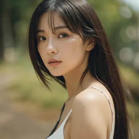 A hyper-realistic image of a single Japanese woman in her early 20s, captured with the nostalgic warmth and subtle graininess of a film camera. Her skin has a warm beige tone with a natural, slightly rough texture that includes visible pores, fine lines, a...