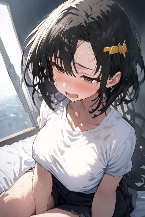  A girl 、High school student、One Curl Bob Cut、 highest quality、 black hair 、 sweaty body 、 large breasts 、View into the distance、( Show off your forehead )、Hair pin、Small room、sitting on a bed、(frightened)、( half-closed eyes )