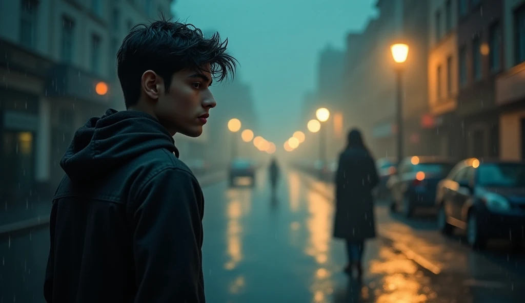 "A heart-wrenching and cinematic thumbnail for a romantic sad song titled 'Kho Gaya Main.' The scene features a dramatic, yet intimate atmosphere, with a dimly lit, rain-drenched city street in the background. The night sky is filled with dark clouds, and ...