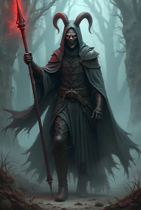 male jester wielding a glaive, wearing tattered grey and black robes and leather armor with his hood pulled up, uses blood magic and wears a drama mask that covers his face