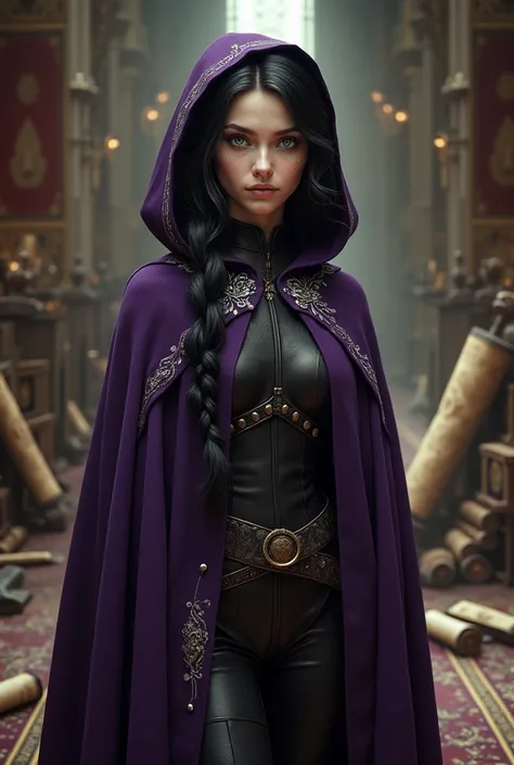 1girl, piercing emerald-green eyes and raven-black hair, small practical braid on the side, her attire combines practicality and mysticism, featuring a long dark violet cloak adorned with silver embroidery. Beneath the cloak she wears a fitted leather outf...