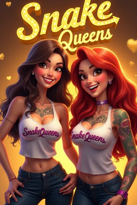 A vibrant promotional image A brunette woman and a red-haired woman tattooed animated with brown eyes wearing clothes, casual,  customer service attire She has a friendly and welcoming expression,    with the name " SNAKEE "  playing casino called  " SNAKE...