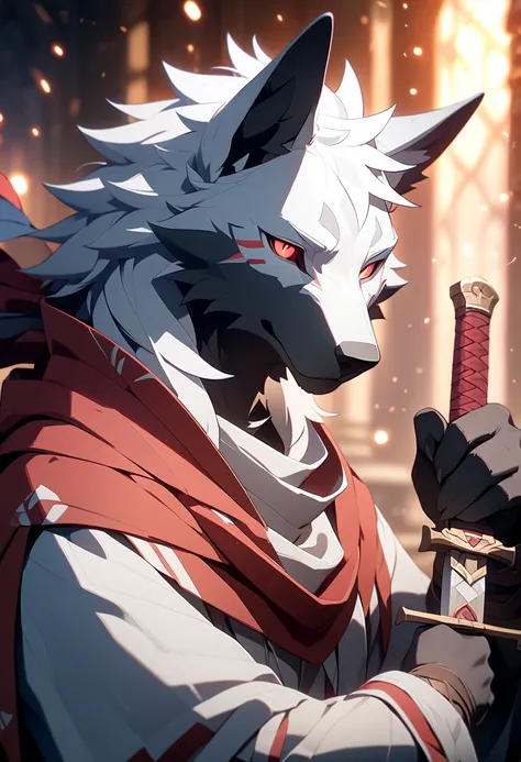  masterpiece, official art, emer one ld {x} furry,Unit illustration, male,Humanoid Black Wolf, short white hair,Red pupil,warrior, exquisite face behind one hand , Delicate Eyes ,red cape scarf,Sword, Handsome knife-holding position,The right hand to hold ...