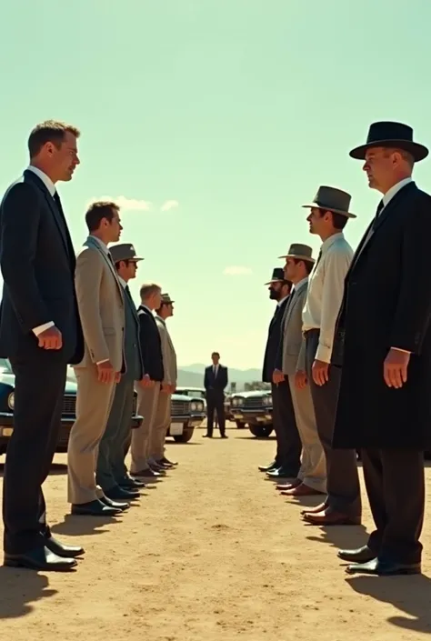 Two distinct groups are standing face-to-face in the middle of the Texas desert, with a tense atmosphere under the blazing sun. The first group consists of a crime mafia family: one woman and six men dressed in suits, long mafia coats in black, grey, and w...