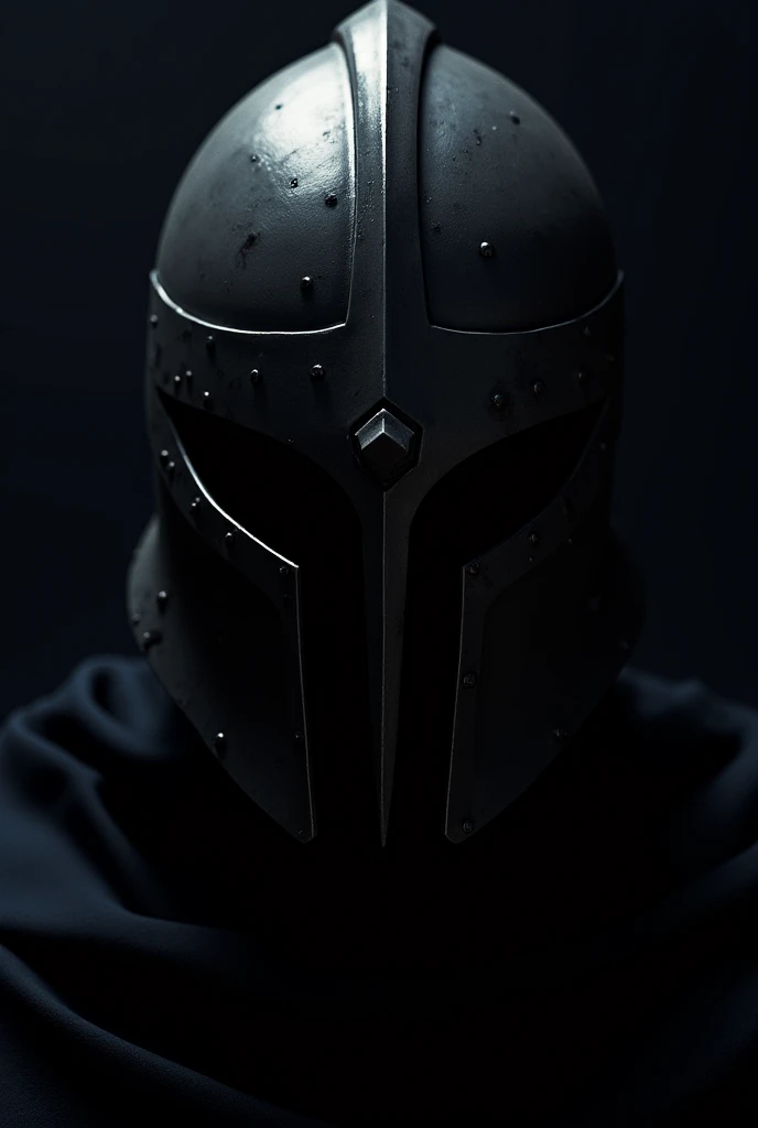 A character wearing a knight's helmet that covers his entire face in the form of a portrait of his head only looking at the screen with a dark background 