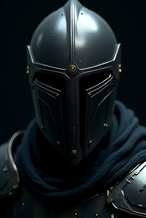 A character wearing a knight's helmet that covers his entire face in the form of a portrait of his head only looking at the screen with a dark background 