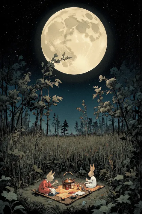 Night of a huge full moon , 1 tatami mat placed on the prairie , 2 tea people hold a tea party ,A huge, shining full moon, surreal コラージュ, a contemporary artistic コラージュ, collage art work, New Album Jacket, Great Job !, digital collage ,collage art ,  contem...