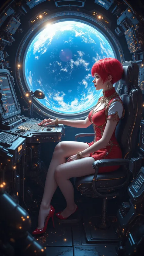 Ridiculous Resolutions,  high resolution, ( Masterpiece: 1.4),  super detailed,  1 young woman,  red shorthair,  pilot suit, Rich Princess,  I'm sitting in a very narrow, closed mechanical control room and looking out the window,  From the Window to Space、...