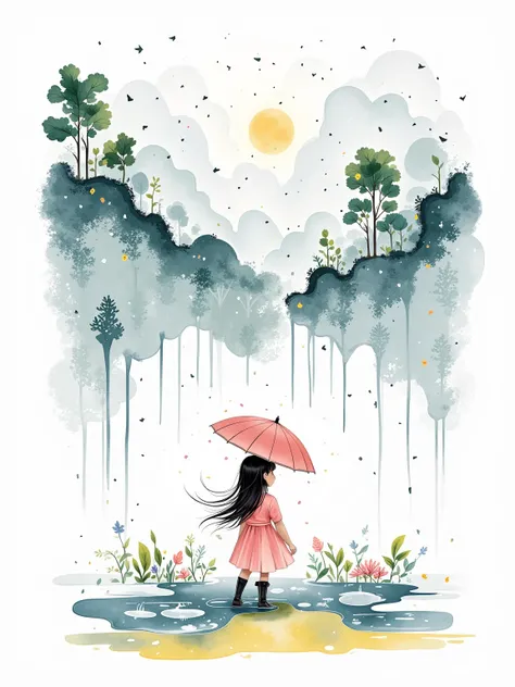  rainy day rough crayon hand drawn illustration on white background，It's fun。 stick figure style ，Minimalist healing ，Lots of white space， Bright Colors ， Easy brushstroke ， cute, warm and simple and clean 。