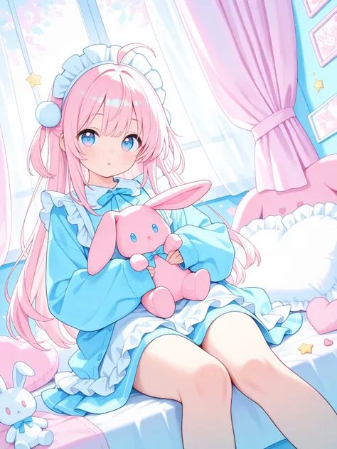 masterpiece,best quality,amazing quality,absurdres,very aesthetic,newest,(pastel colors:1.4),bright color,watercolor,1girl,maid headdress,long hair,ahoge,light smile,:o,sleeves past wrists,frills,holding a plushie,rabbit,stuffed rabbit,stuffed toy,sitting ...