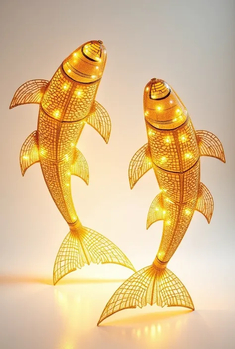  Generate large Christmas lighting figure,  FISH  ,   gold color,  Two different angles ,  on white background.