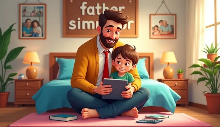 realistic Image is a digital illustration featuring a cozy bedroom setting with a father and son sitting on the floor. The father, with light skin, a neatly trimmed beard, and styled brown hair, wears a mustard yellow cardigan over a white shirt and red ti...