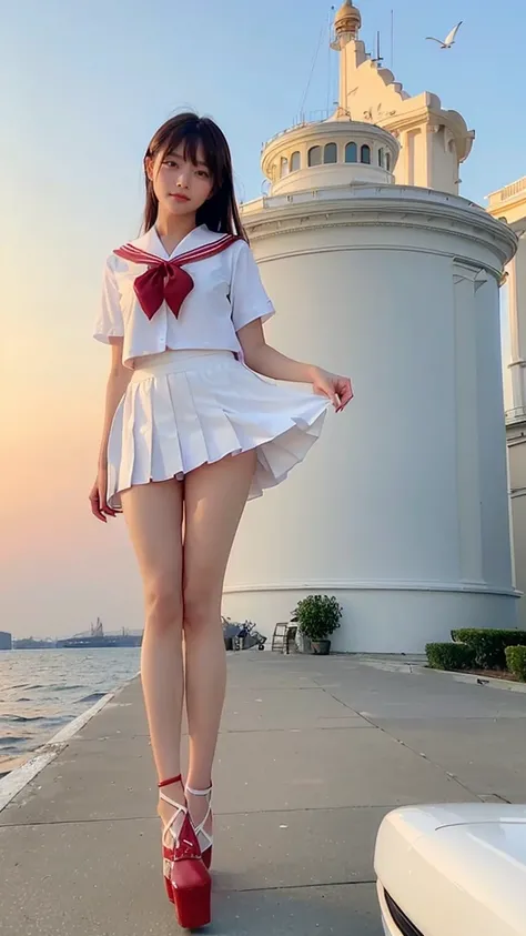 Outdoor Shot、Greece、blue sky(Blue Sea、White House、White Earth、 seagulls、Boat、大きなBoat、Small boat 、Lighthouse、(((( long legs)))))、(( thin thighs))、((Short torso))、 small ass 、((flat chest))、 Slim waist、Japanese traditional high school girl sailor uniform、 mi...