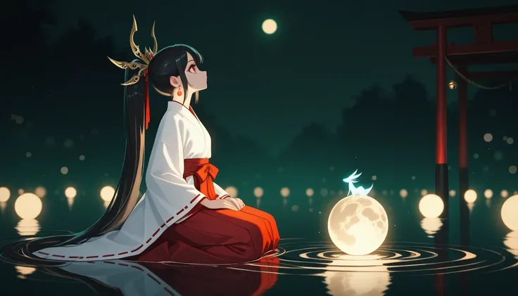 , 2girl,moon,ceremony,ritual,multiple fucus,occult,moonlit, white kimono, black hair, long sleeves, makeup, hair ornament, red eyes, closed mouth, very long hair, ponytail, earrings, japanese clothes, see-through, wide sleeves, ribbon trim, hakama, jingle ...