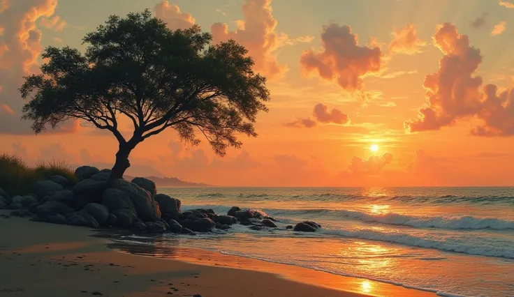 A painting of a beautiful sunset in the sea and having the shadow of a tree