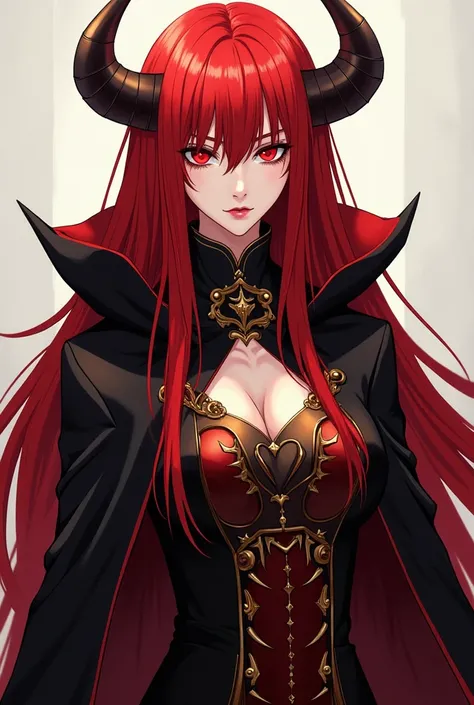 beautiful vampire straight long red hair mature face 32 years old looking flat chested and serious looking, red eyes demon lord with long fitted long garb color red gold and black with black cloak, detailed drawing, no wings in head anime styled