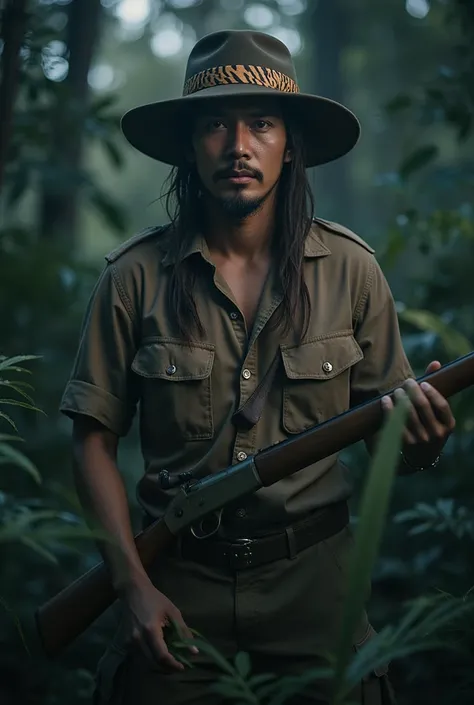 a handsome rugged Thai man with dark skin, intense eyes, a slight beard, wearing a vintage local hunter outfit, a wide-brimmed hat with a tiger-striped band, holding an old rifle, in a mysterious forest at night, (best quality,4k,8k,highres,masterpiece:1.2...