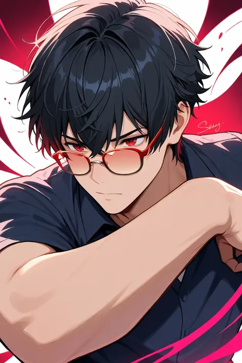 MALE, with black hair, red eyes, shady looking, wears glasses. Give HIM like a shady arms dealer style