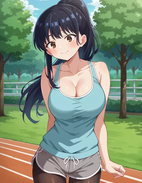 score_9, score_8_up, score_7_up, source_anime, annayamada, anna yamada, 1girl, anna yamada, long hair, bangs, ponytail, outdoors, park, Anna, tank top, blue tank top, bare shoulders, cleavage, shorts, grey shorts, dolphin shorts, pantyhose, pantyhose under...