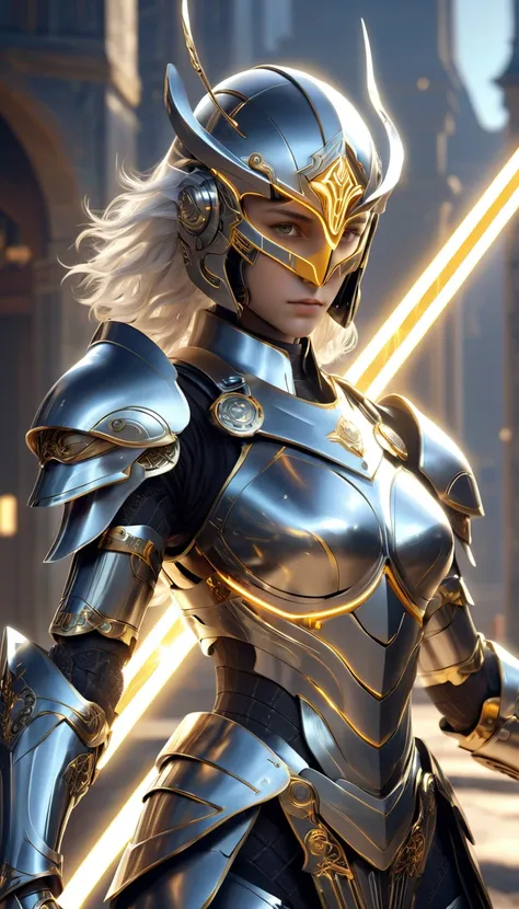  masterpiece，  Best Quality ，  high quality ， （ futurism：1.1）， （Saint knight wielding a light sword, Light magic, Saint,  Magical Waves , Silver and gold ）， Light， （ exquisite future ），  pretty and beautiful ， Face Armor Gear ，Eyes emitting light，helmet，ru...