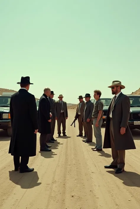 Two distinct groups facing the camera in the middle of the Texas desert, far away view (about 10 meters). The first group is a crime mafia family: one woman and six men dressed in suits and long mafia coats in black, grey, and white. Some wear fedoras, mos...