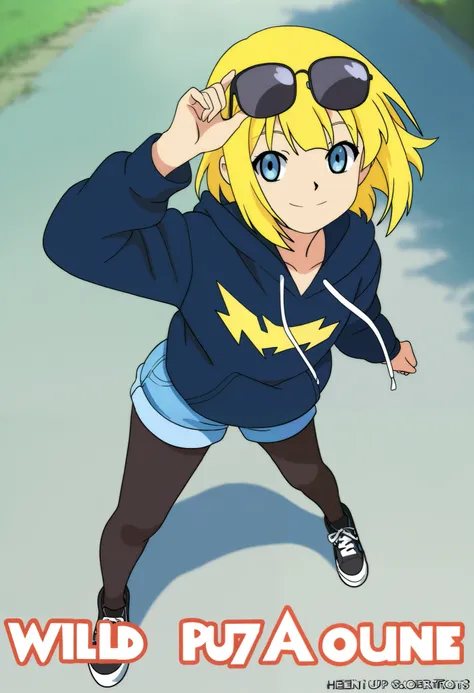 flat art, anime style,hentai manga style,Alone, yellow hair, Wild Shortcuts, Light Blue Eyes, sunglasses on the head,Lightning Hoodie , Blue Shorts , black pantyhose, black sneakers, smiles