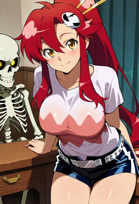 masterpiece,best quality,beautiful detailed face,detailed skin,detailed texture,high resolution,Tengen Toppa Gurren Lagann,source_Tengen Toppa Gurren Lagann, yoko Littner ,1girl, red pony tail,skeleton hair accessary,shirt,shorts,room
