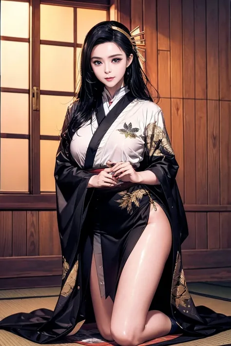 (8K ultra HD photorealistic:1.6), (masterpiece details:1.5), (((divine beauty))),embroidered kimono (pure silk base:1.4/gold-thread embroidery:1.2), kneeling greeting pose (obi looseness algorithm:1.3), dusk backlight (eaves shadow precision 0.3mm:1.25), t...