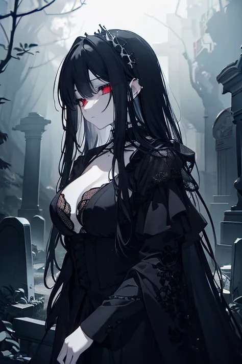 a beautiful undead princess, ghostly pale skin, piercing red eyes, long black hair, intricate gothic lace dress, standing in a dark, fog-filled cemetery, moonlight casting an eerie glow, overgrown with moss-covered tombstones, (best quality,4k,8k,highres,m...