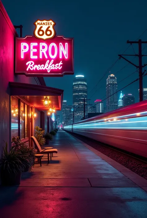 Magic Prompt：

Copy

Remix
LessFuture PERON bed&breakfast, by railroad, Sign 66, modern and sleek design, glowing neon lights, retro-futuristic flair, set against a nighttime cityscape, with a train passing by in the background, creating a dynamic and invi...