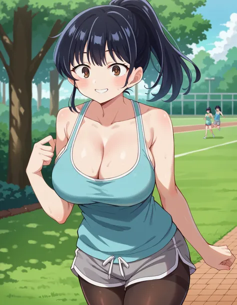 score_9, score_8_up, score_7_up, source_anime, annayamada, anna yamada, 1girl, anna yamada, long hair, bangs, ponytail, outdoors, park, Anna, tank top, blue tank top, bare shoulders, cleavage, shorts, grey shorts, dolphin shorts, pantyhose, pantyhose under...