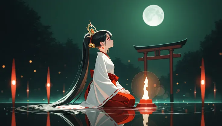 2girl,moon,ceremony,ritual,sacrifice,multiple fucus,occult,moonlit, white kimono, black hair, long sleeves, makeup, hair ornament, red eyes, closed mouth, very long hair, ponytail, earrings, japanese clothes, see-through, wide sleeves, ribbon trim, hakama,...