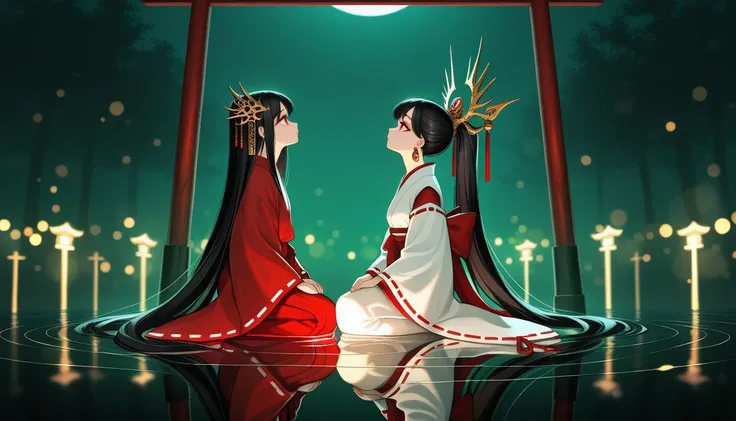 2girl,moon,ceremony,ritual,sacrifice,multiple fucus,occult,moonlit, white kimono, black hair, long sleeves, makeup, hair ornament, red eyes, closed mouth, very long hair, ponytail, earrings, japanese clothes, see-through, wide sleeves, ribbon trim, hakama,...