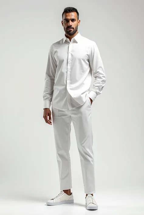 create the figure of a man with a white arab face wearing a white long sleeve slimfit shirt and white full body slim fit ankle pants