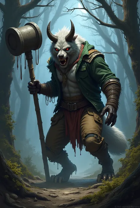 Grey werwolf, holding war-hammer in right hand, in the woods at night, wearing a green jacket and brown pants, angry, realistic look, has short curved devil horns