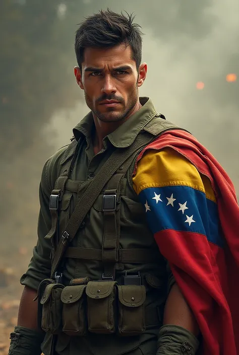 High quality image: fierce soldier with the Venezuelan flag patch on his left arm with a defiant look, light brown eyes, attractive face