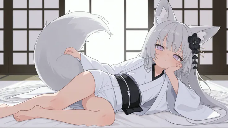 1girl, solo, fox girl, looking at viewer, kimono, wide sleeves, very long hair, curvaceous, loli, haori, masterpiece, best quality, amazing quality, light purple eyes, gray hair, hair ornament, hair flower, black flower, white kimono, white haori, lying on...