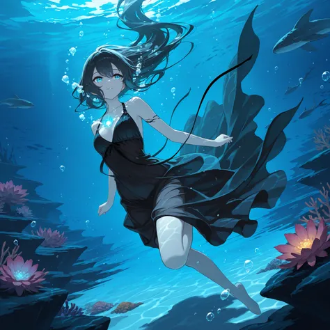 High resolution, Super detailed, Best Quality, masterpiece, 8K, 4K, beautiful background, the best aesthetics, (flat color:0.6),
1girl, swimming underwater, deep sea, dark ocean, bioluminescence, floating hair, bubbles, ethereal lighting, mysterious atmosp...